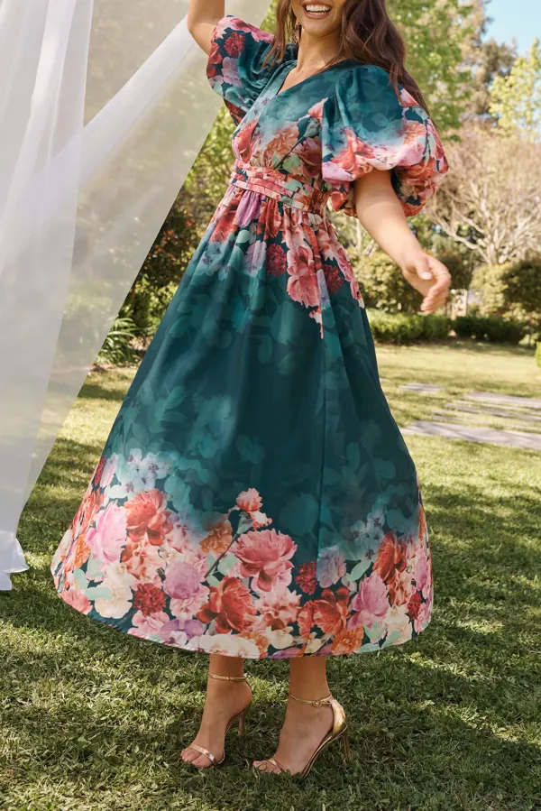 Green Floral Print Puff Sleeve Maxi Dress