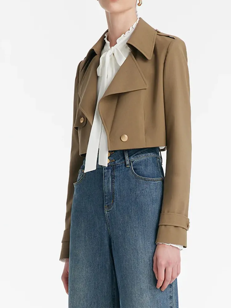 Machine Washable Wool Lapel Women Crop Trench Coat