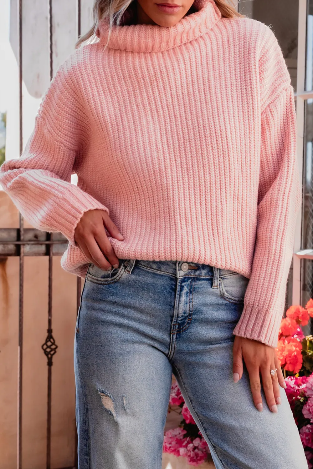 Chunky Pink Ribbed Turtleneck Sweater