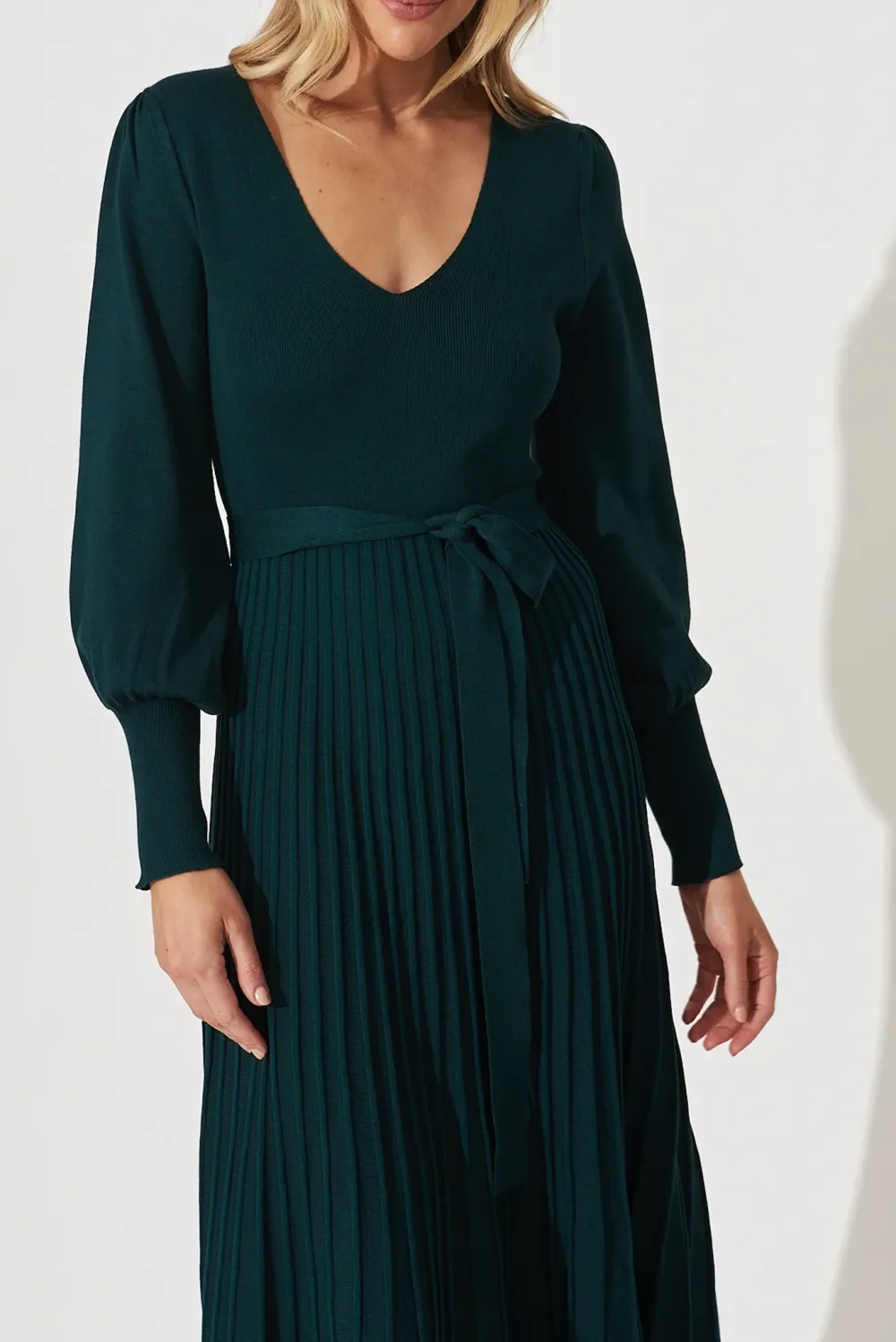 Dark Green Pleated Knitted Midi Dress
