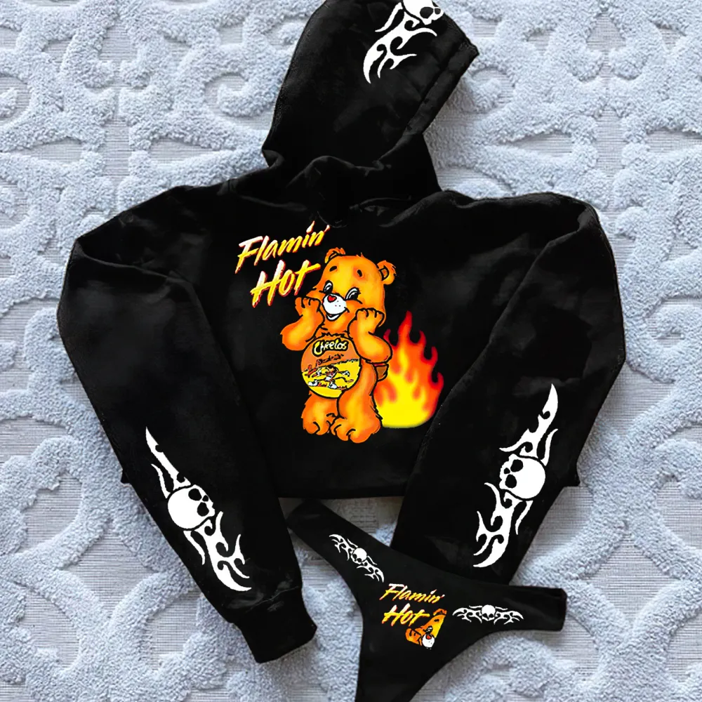Flamin' Hot Printed Women's Cropped Hoodie & Thong Sets