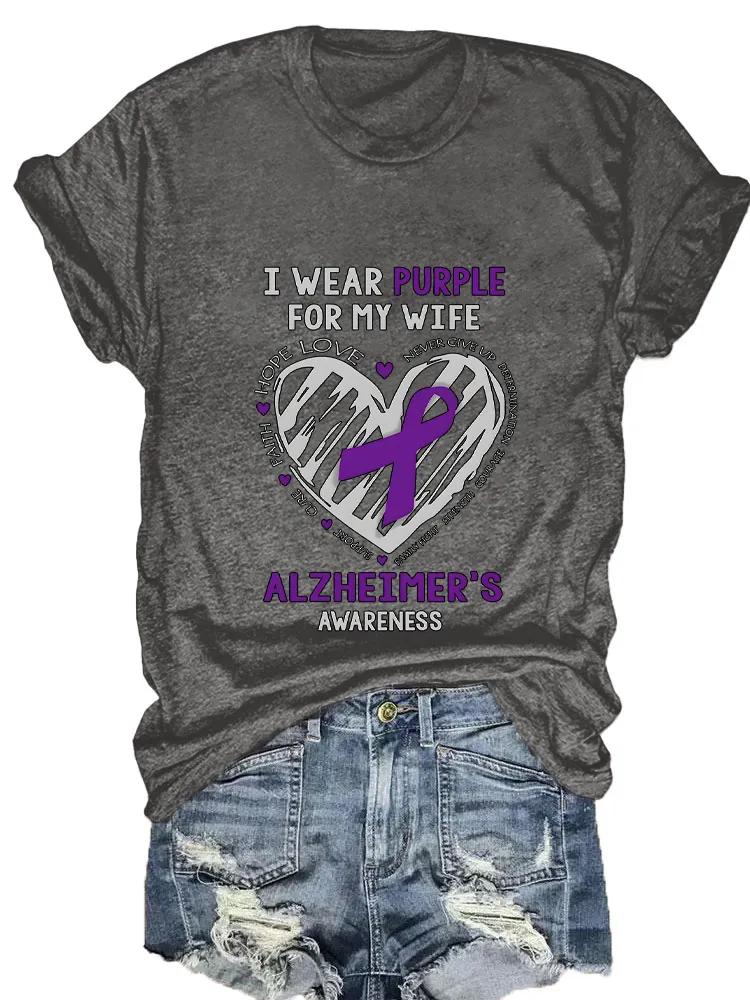 Women'S I Wear Purple For My Wife Round-Neck Short-Sleeved T-Shirt