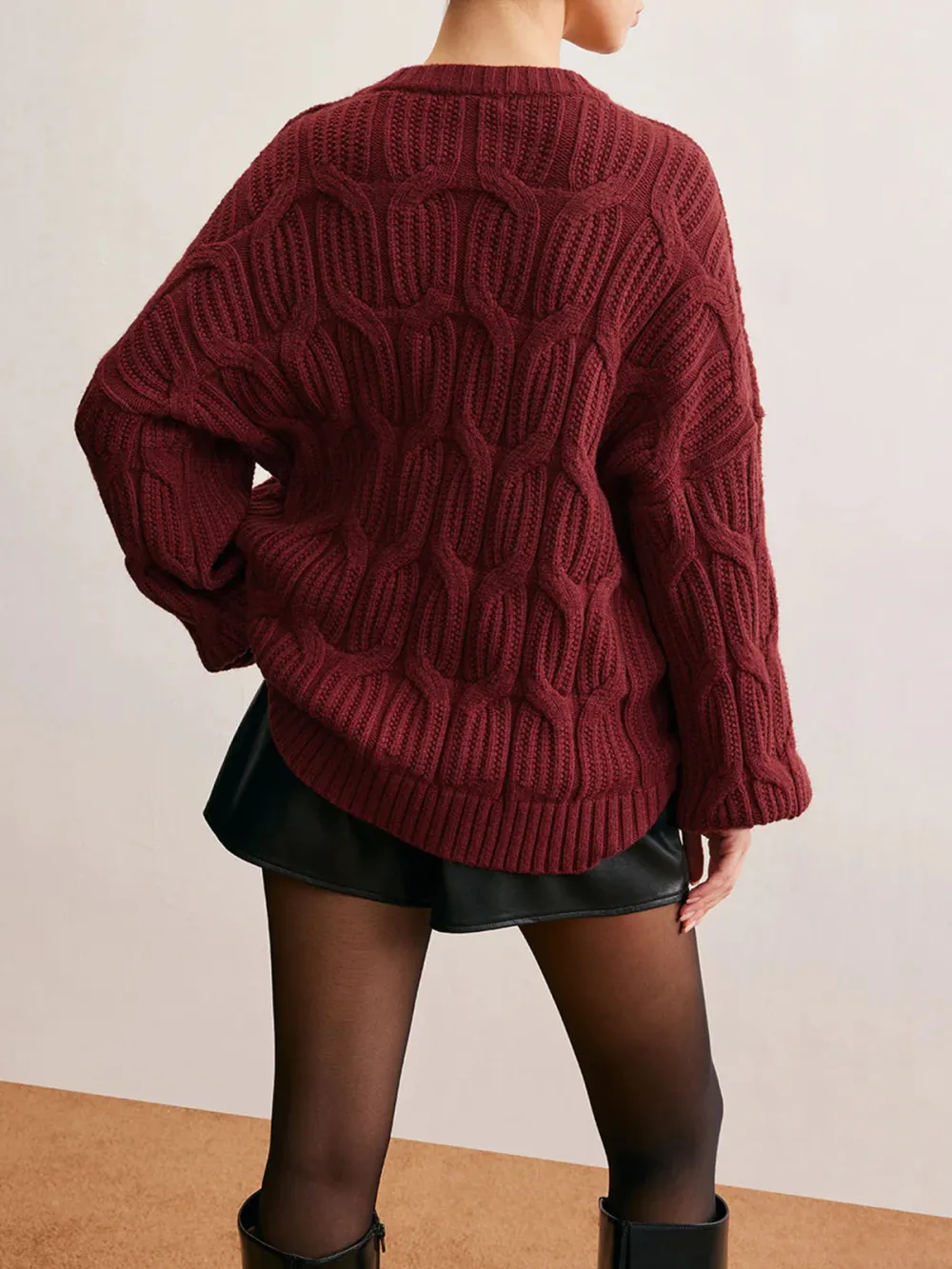 Twisted Knit Round Neck Drop Shoulder Sweater