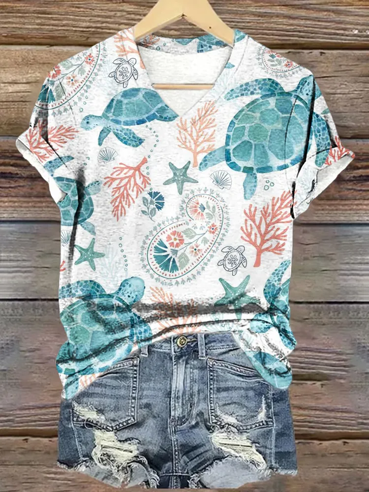 Women'S Summer Beach Turtles  Print V-Neck Cotton T-Shirt