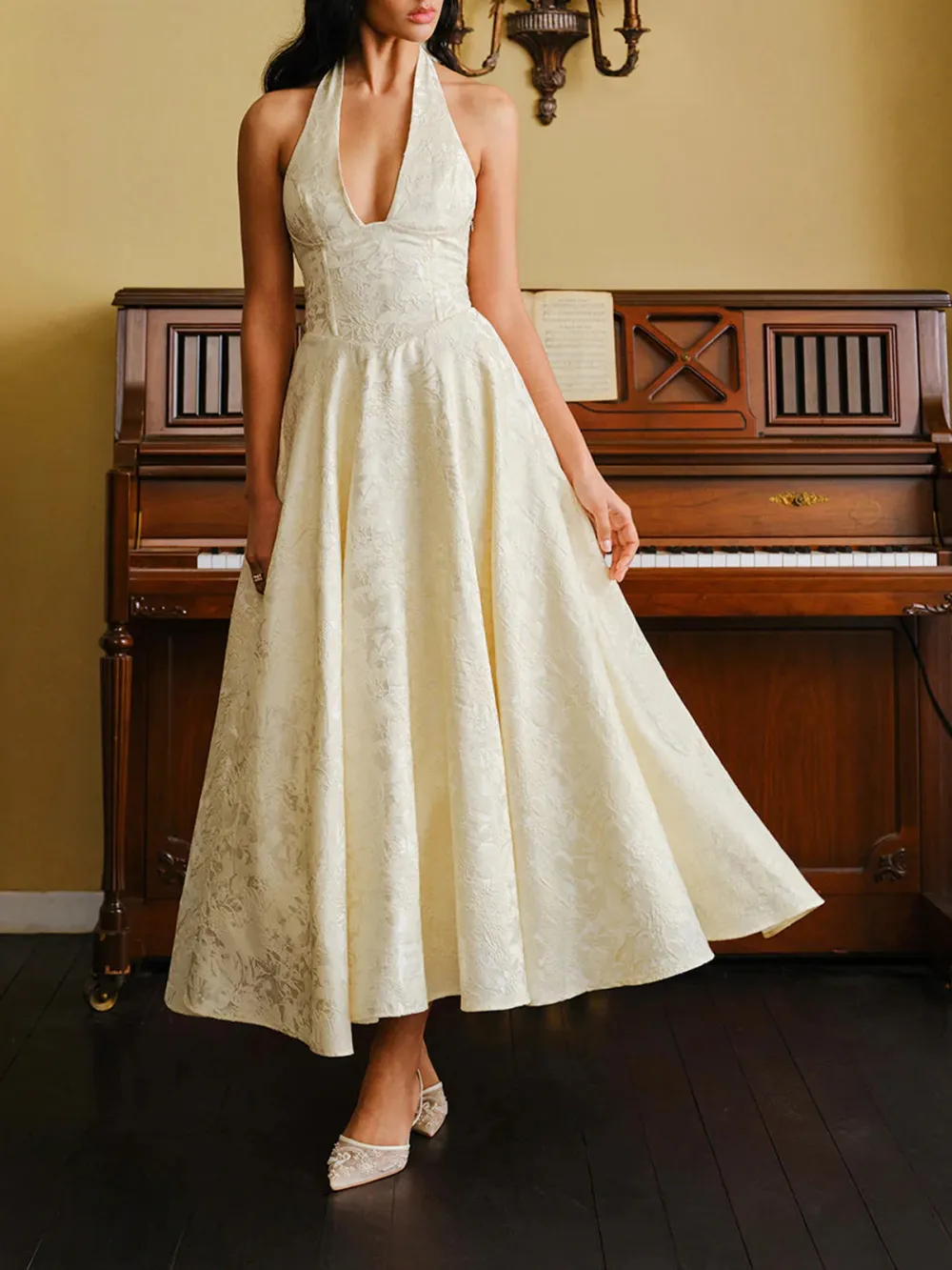 Textured Backless Halter Neck Dress