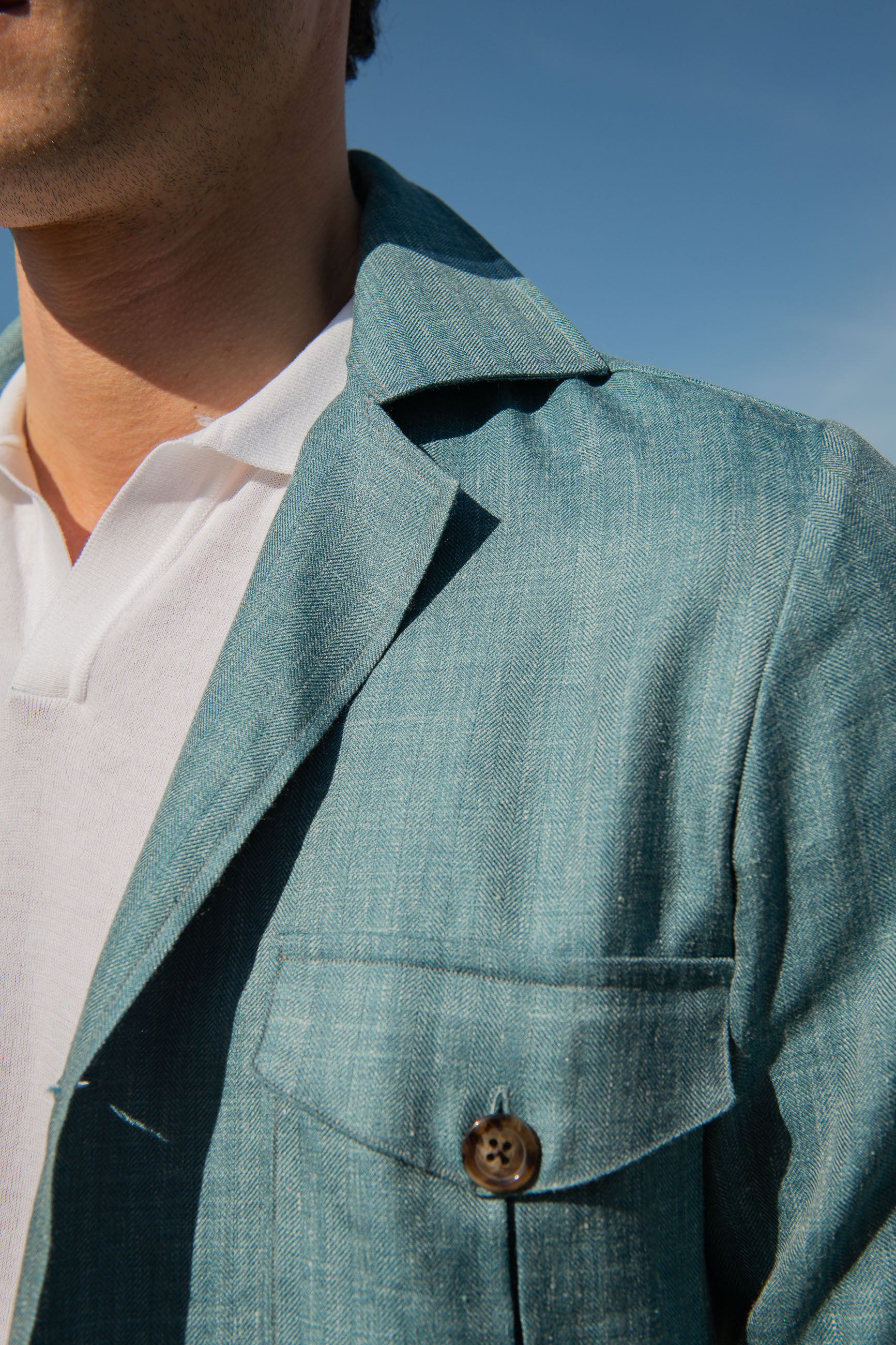 Water green Safari Jacket in Loro Piana wool silk and linen