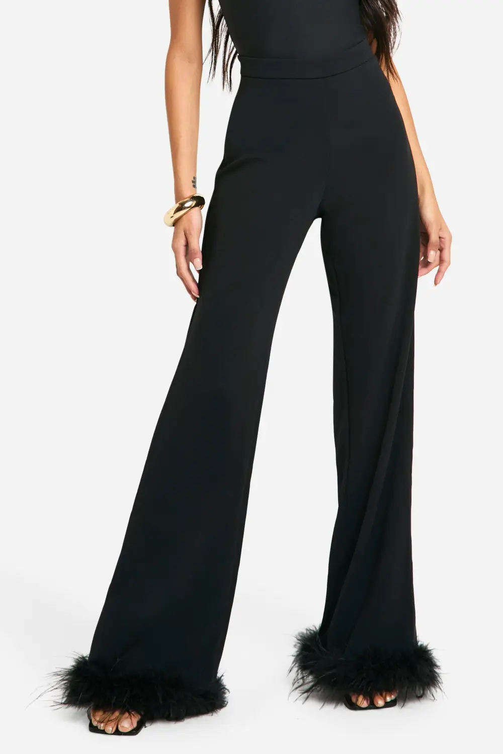 FEATHER TRIM CROPPED SKINNY PANTS