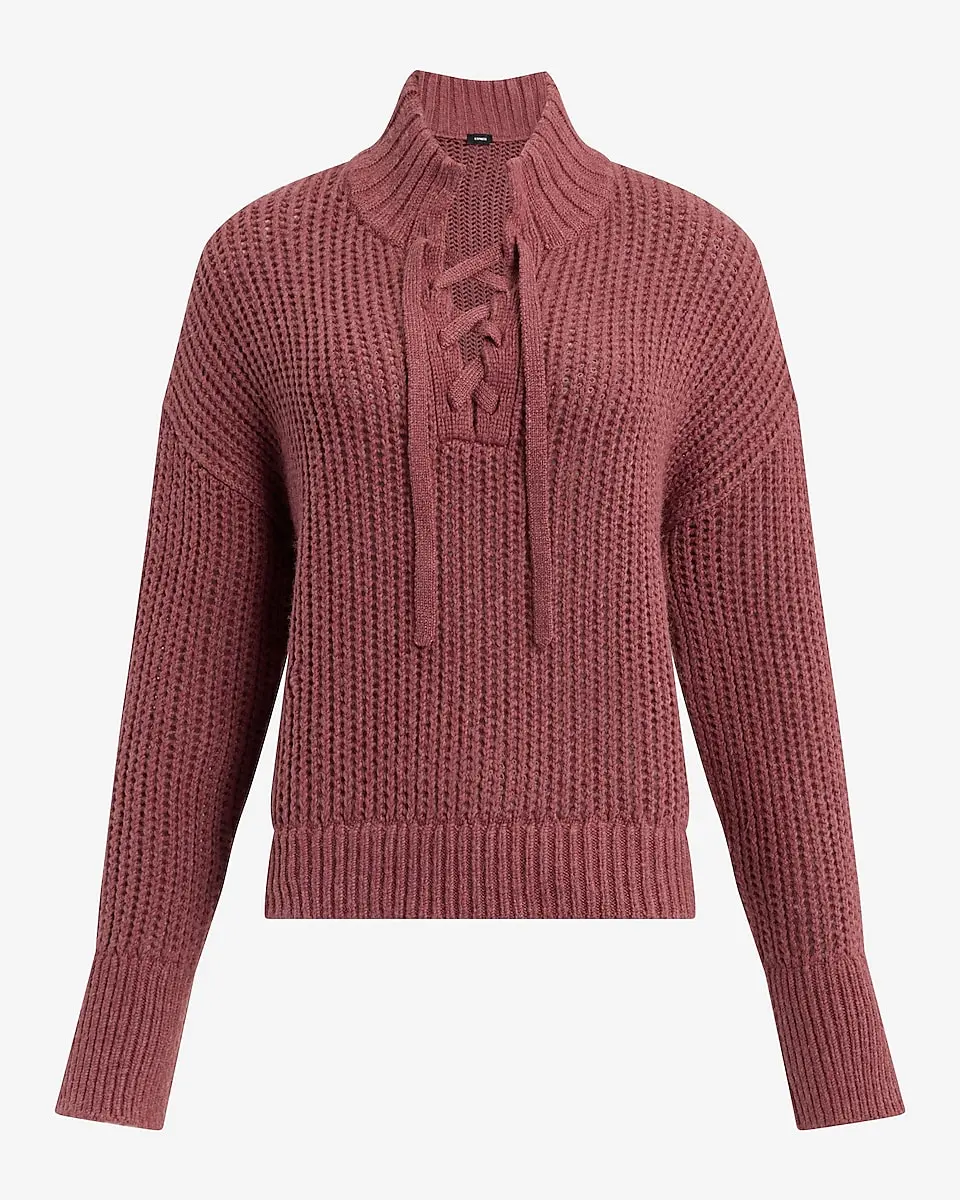 Easy Stitched Lace Up Mock Neck Sweater