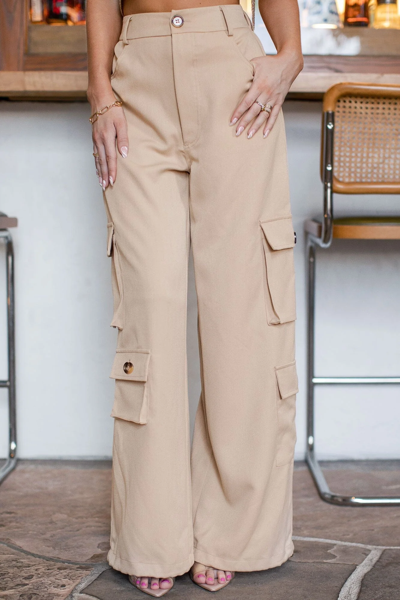 Khaki Casual Loose Wide Leg Work Pants