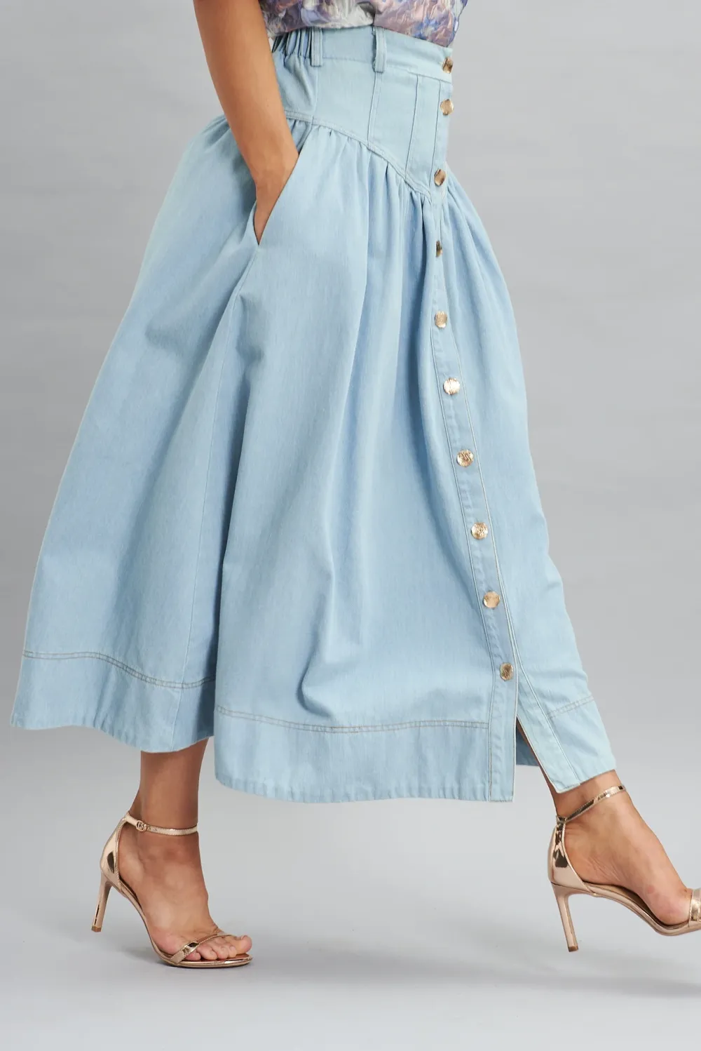 Light Blue High Waist Denim Midi Skirt