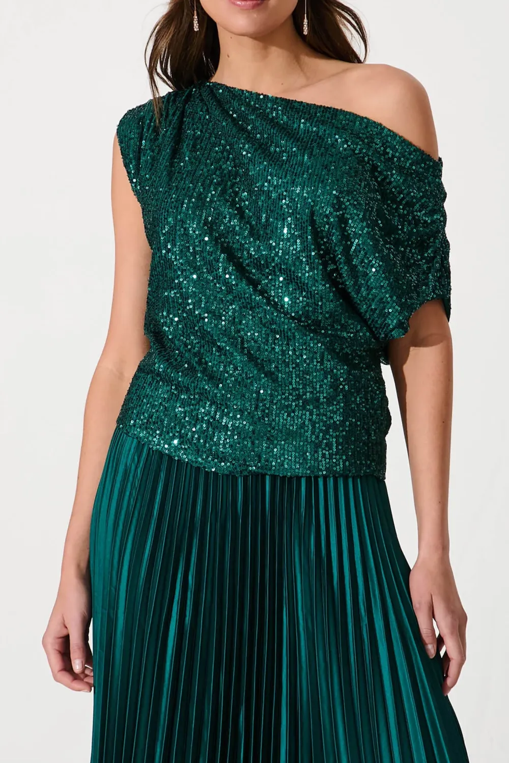 Dark Green Sequin One Shoulder Party Top