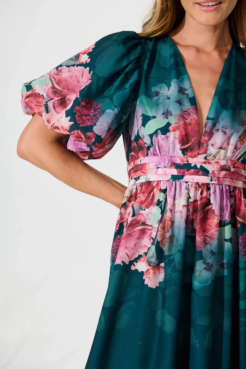 Green Floral Print Puff Sleeve Maxi Dress