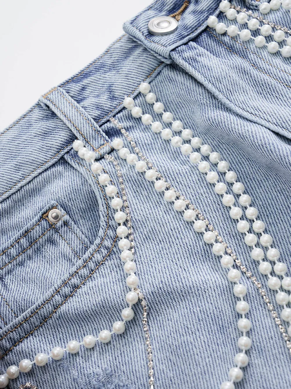 Bead Chain Distressed Denim Shorts