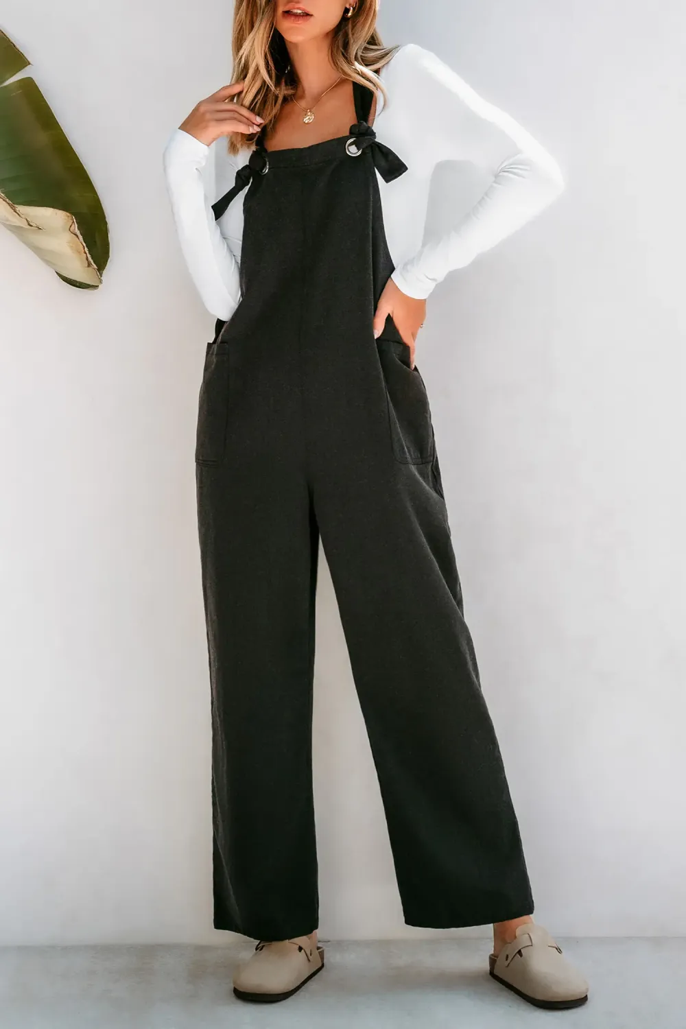 Charcoal Square Neck Knotted Strap Flared Leg Overalls