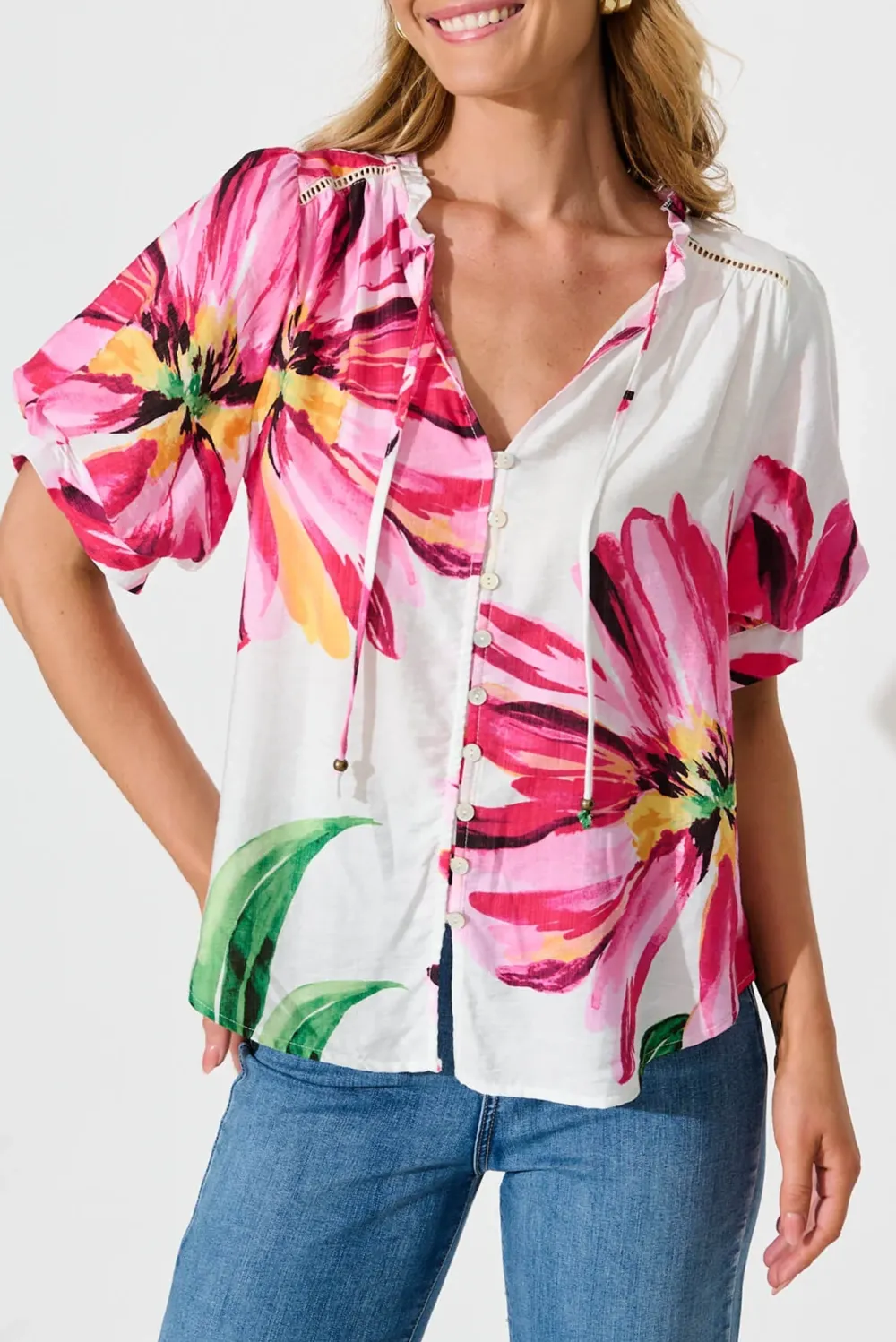 White Floral Print Half Sleeve Shirt