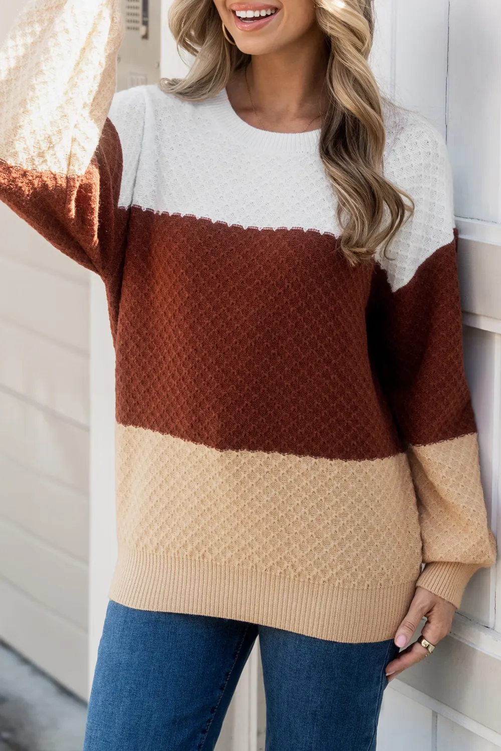 Colorblock Round Neck Long Puff Sleeve Sweater