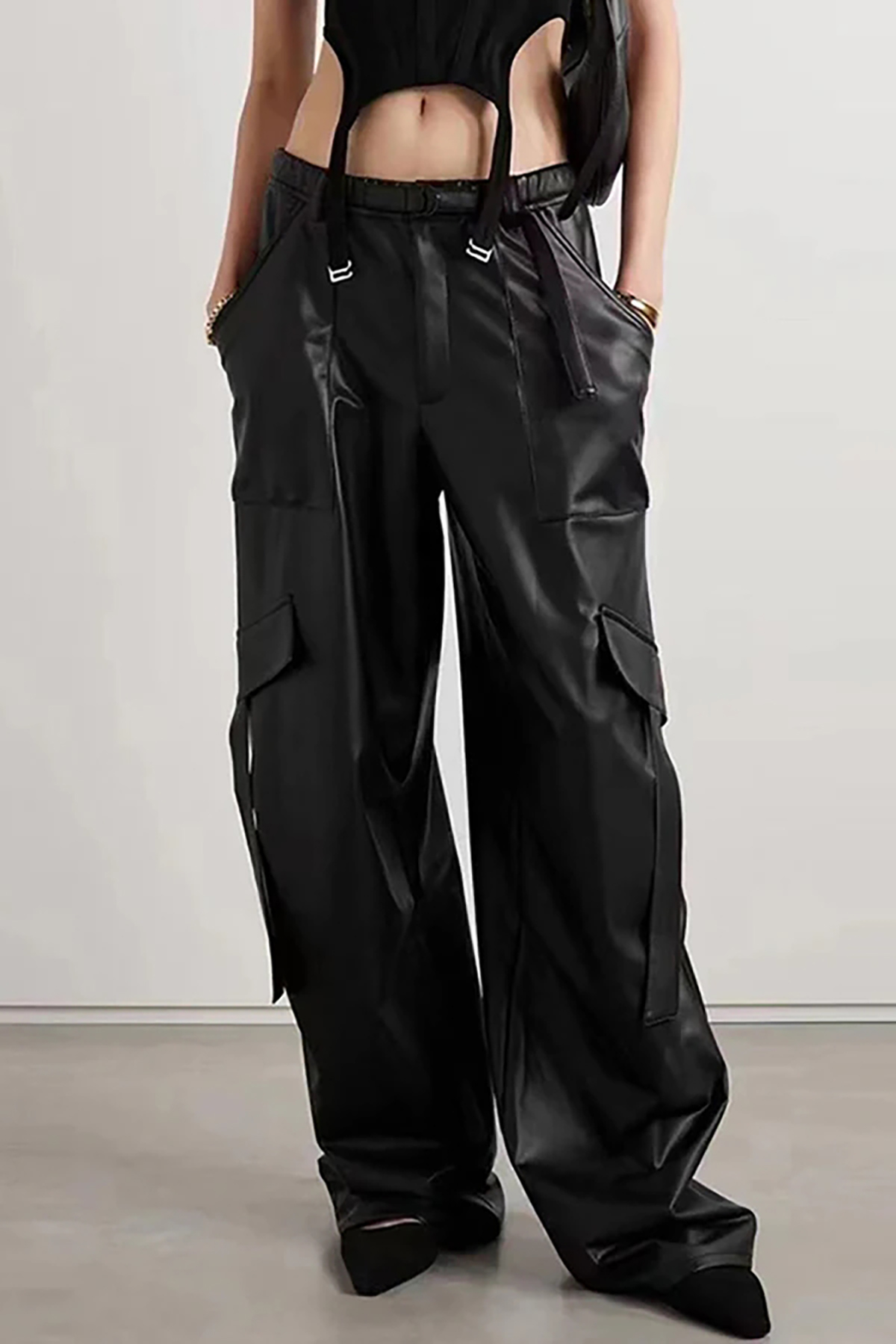 Sleek Draped Belted Low Rise Wide Leg Ruched Vegan Leather Cargo Pants