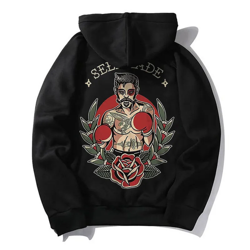 Self-made Boxing Man Floral Print Loose Black Hoodie