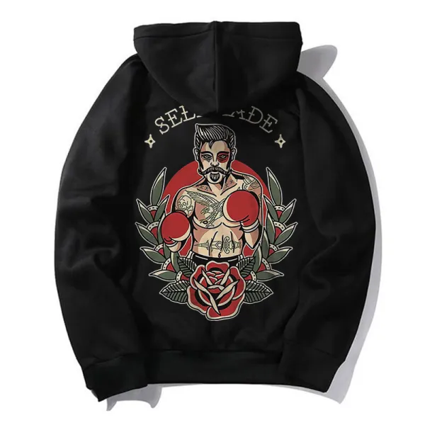 Self-made Boxing Man Floral Print Loose Black Hoodie