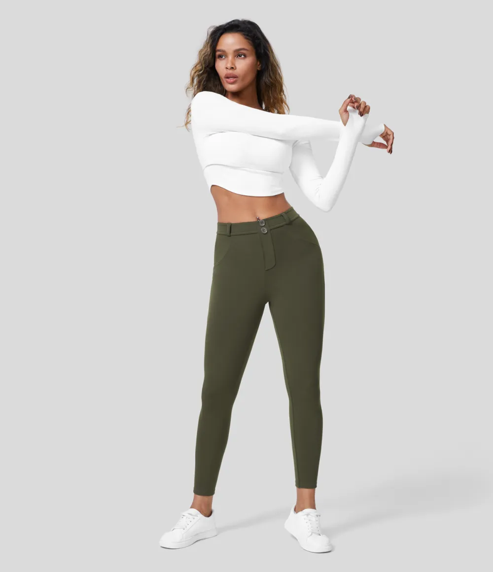 Eco High Waisted Button Ruched Yoga 7/8 Leggings