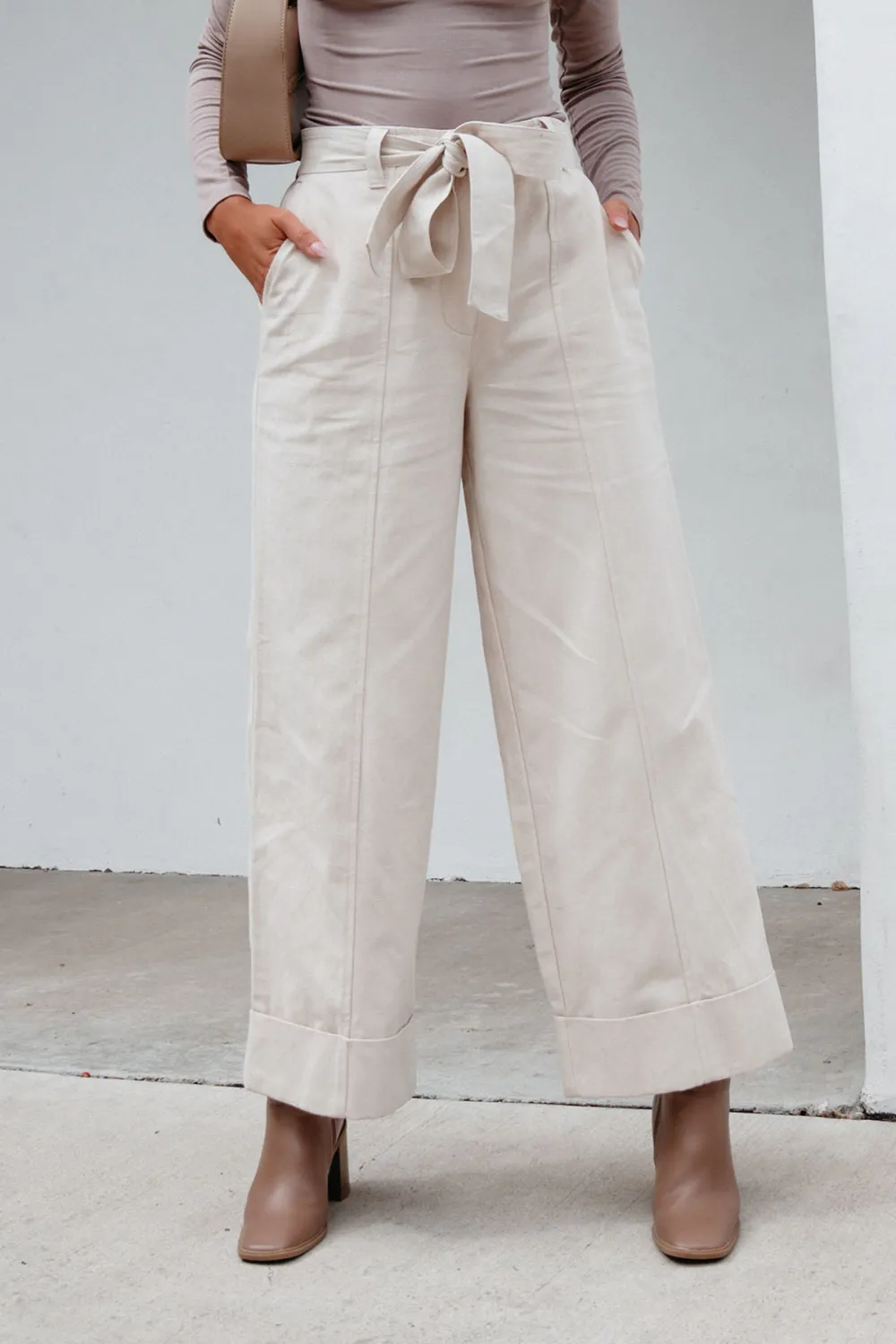 Belted Wide Leg Cuffed Pants - Natural