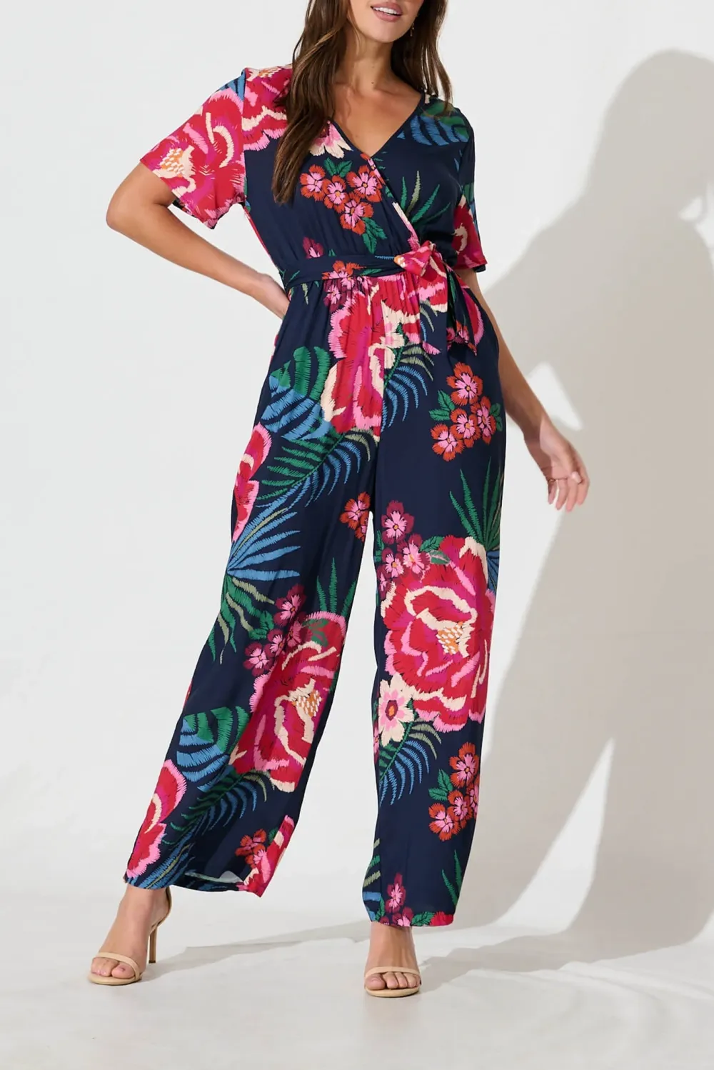 Navy Blue Floral Print Wrap Style Jumpsuit