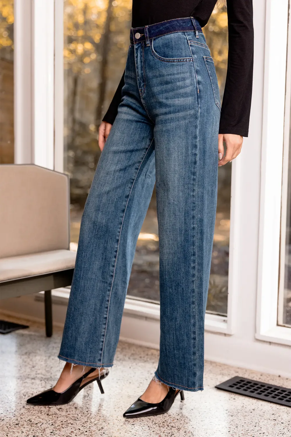 Whiskered Frayed Hem Straight Leg Jeans