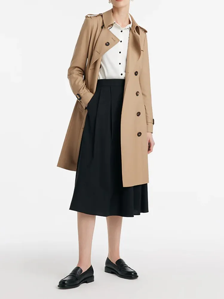 Worsted Wool Gathered Waist Double-Breasted Women Trench Coat