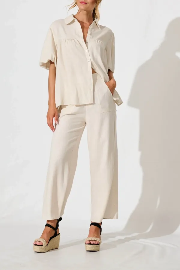 Beige Short Sleeve Button Down Linen Shirt