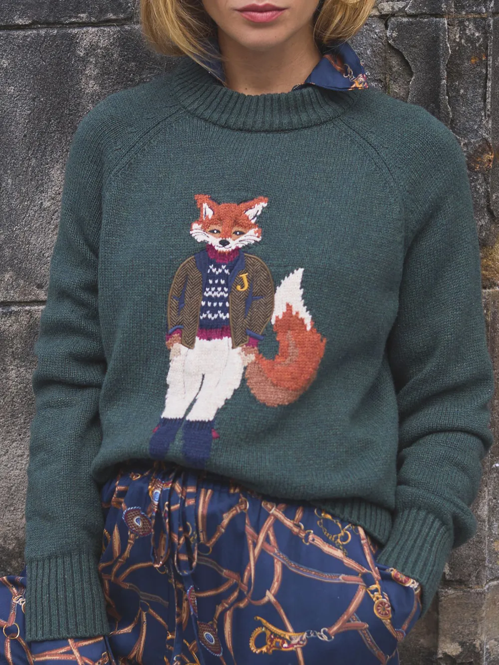 Jonty Dark Green Intarsia Fox Knit Jumper