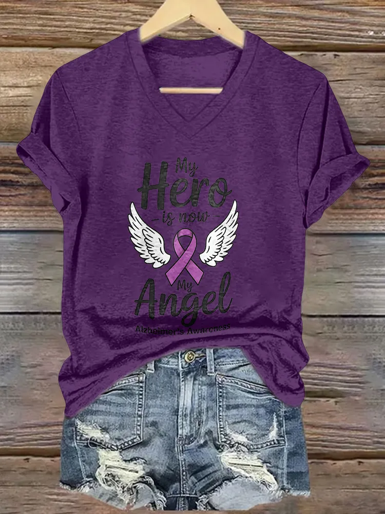 Women'S My Here Is Now My Angel Alzheimer'S Awareness V-Neck T-Shirt