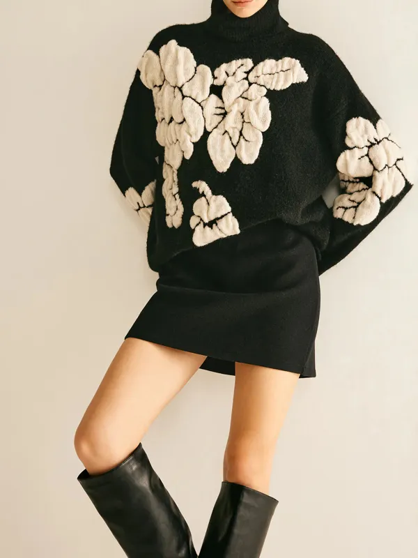 Jacquard High Neck Drop Shoulder Sweater