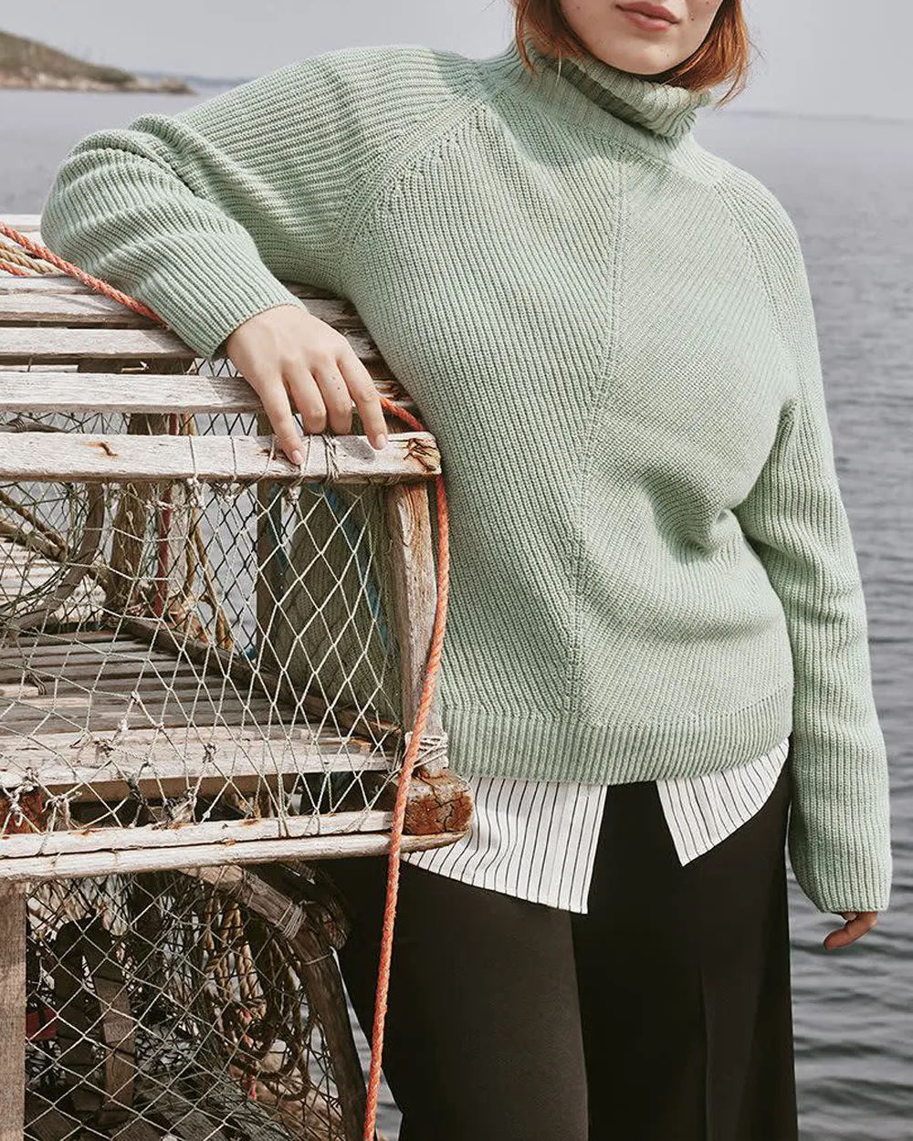 Long-Sleeve Turtle-Neck Herringbone Sweater