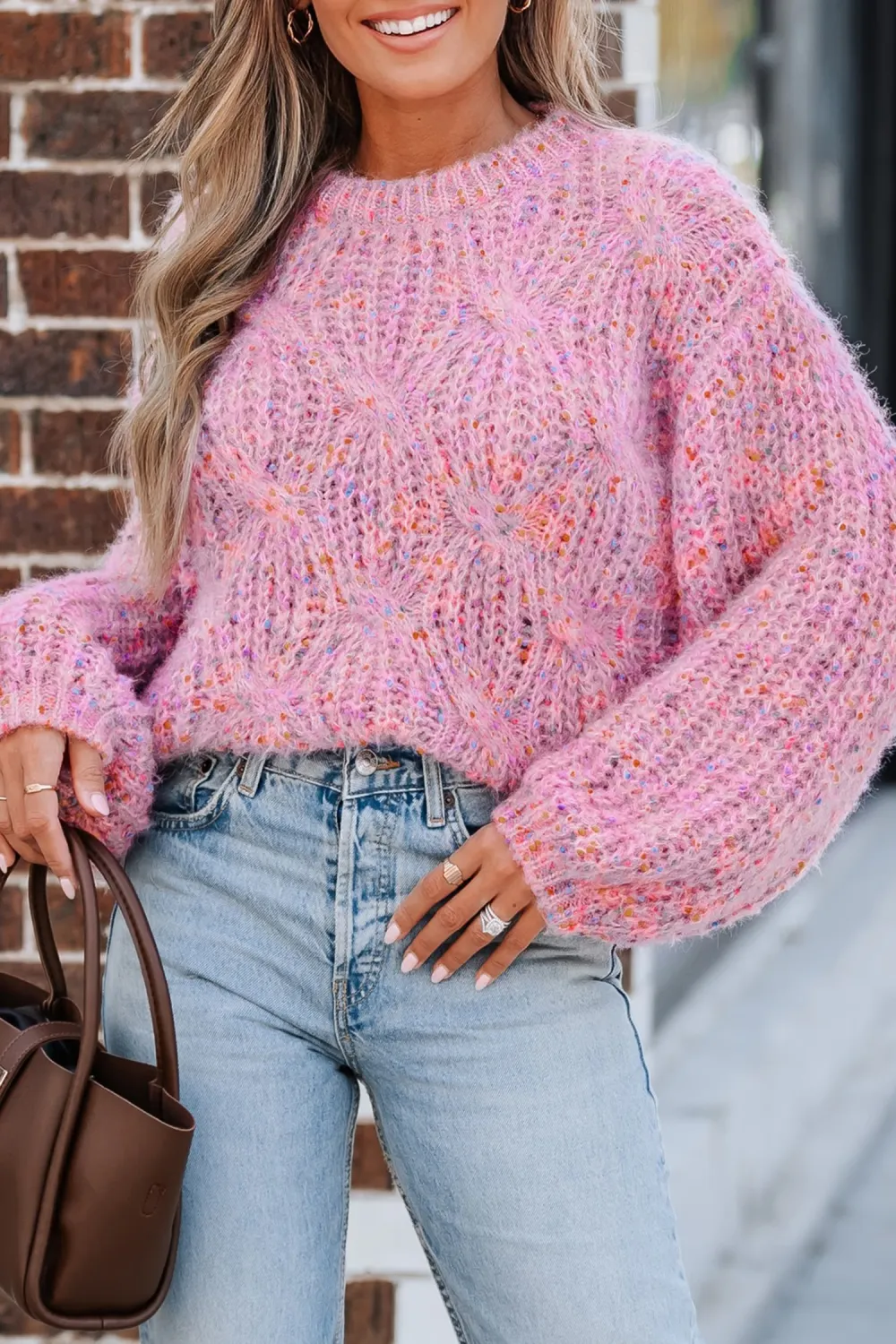 Pink Round Neck Cable Knit Puff Sleeve Sweater