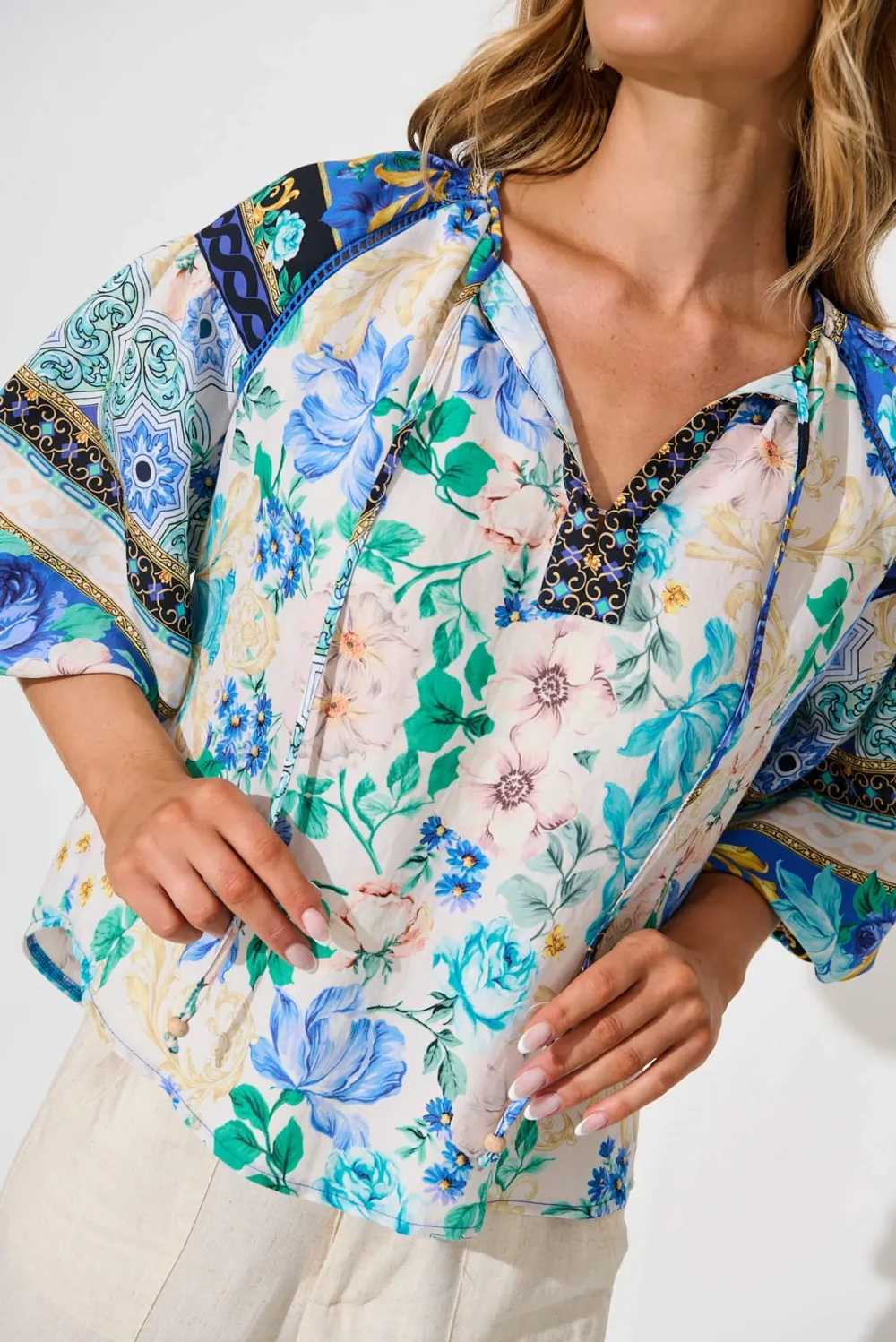 Blue Floral Patterned Half Sleeve Blouse