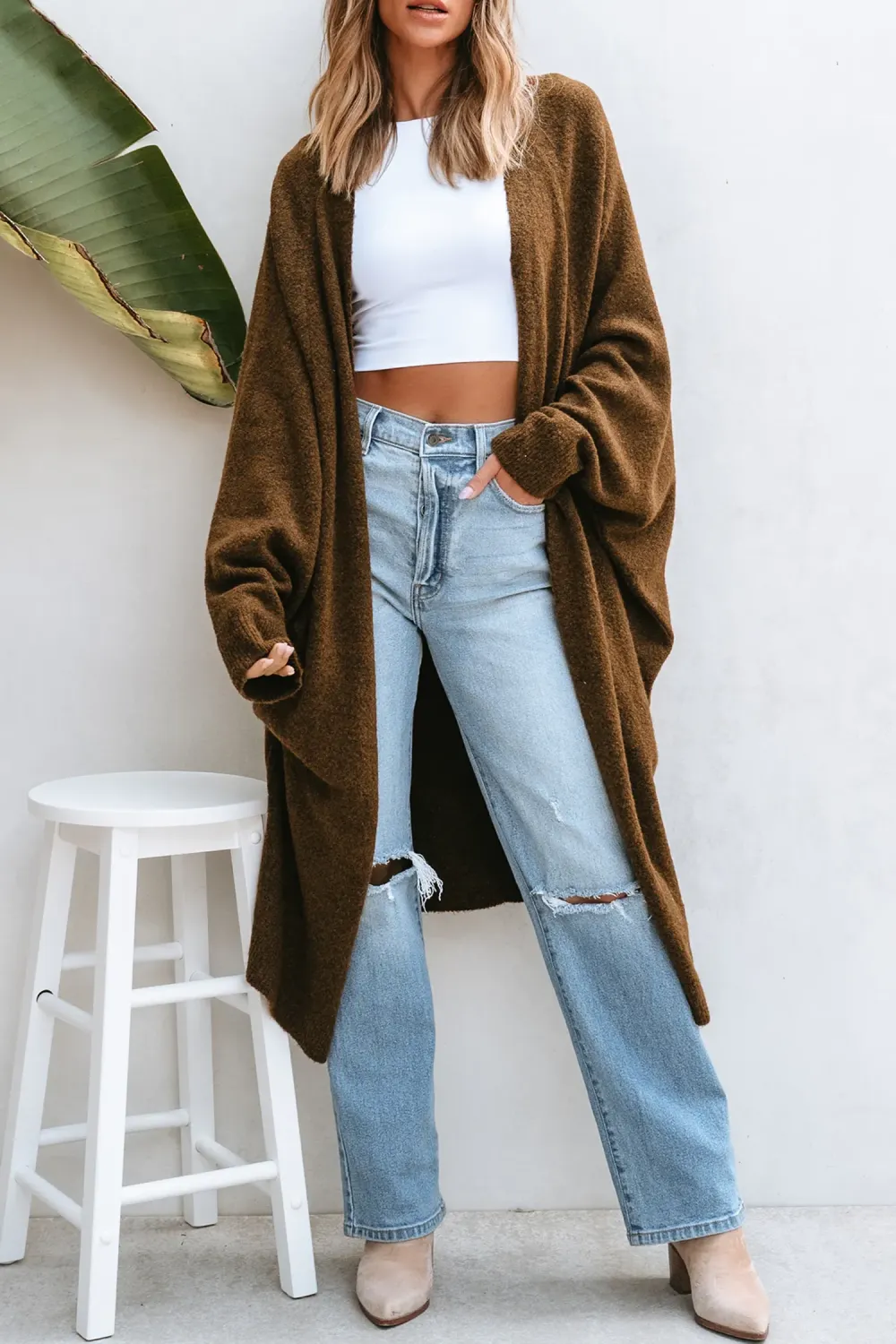 Tan Open Front Dolman Sleeve Duster Cardigan