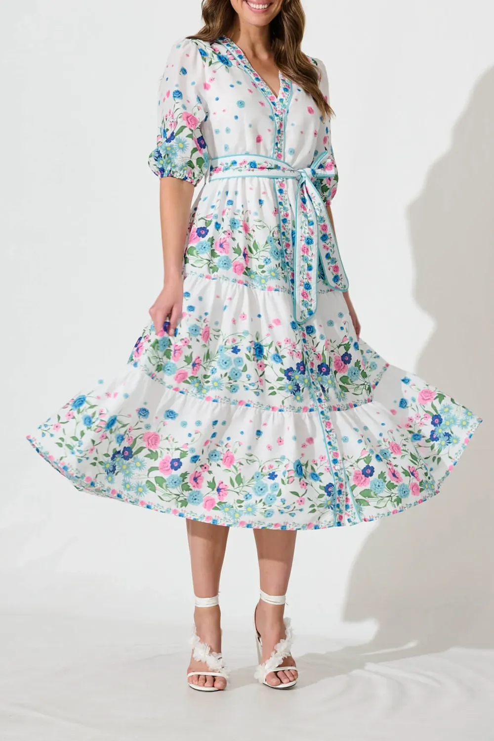 White Floral Print Tiered Midi Dress