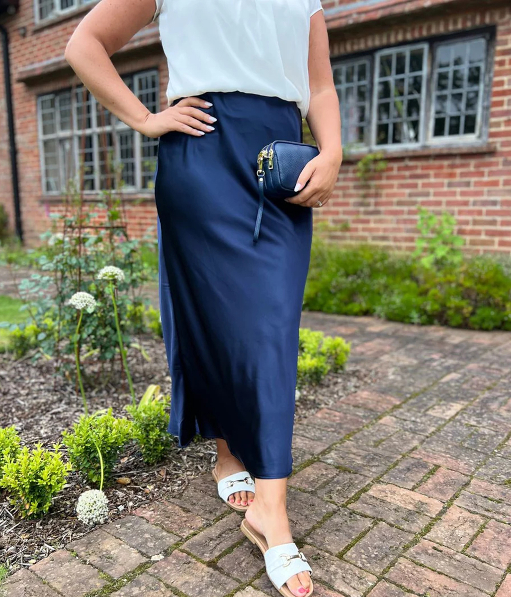 Navy Satin Maxi Skirt