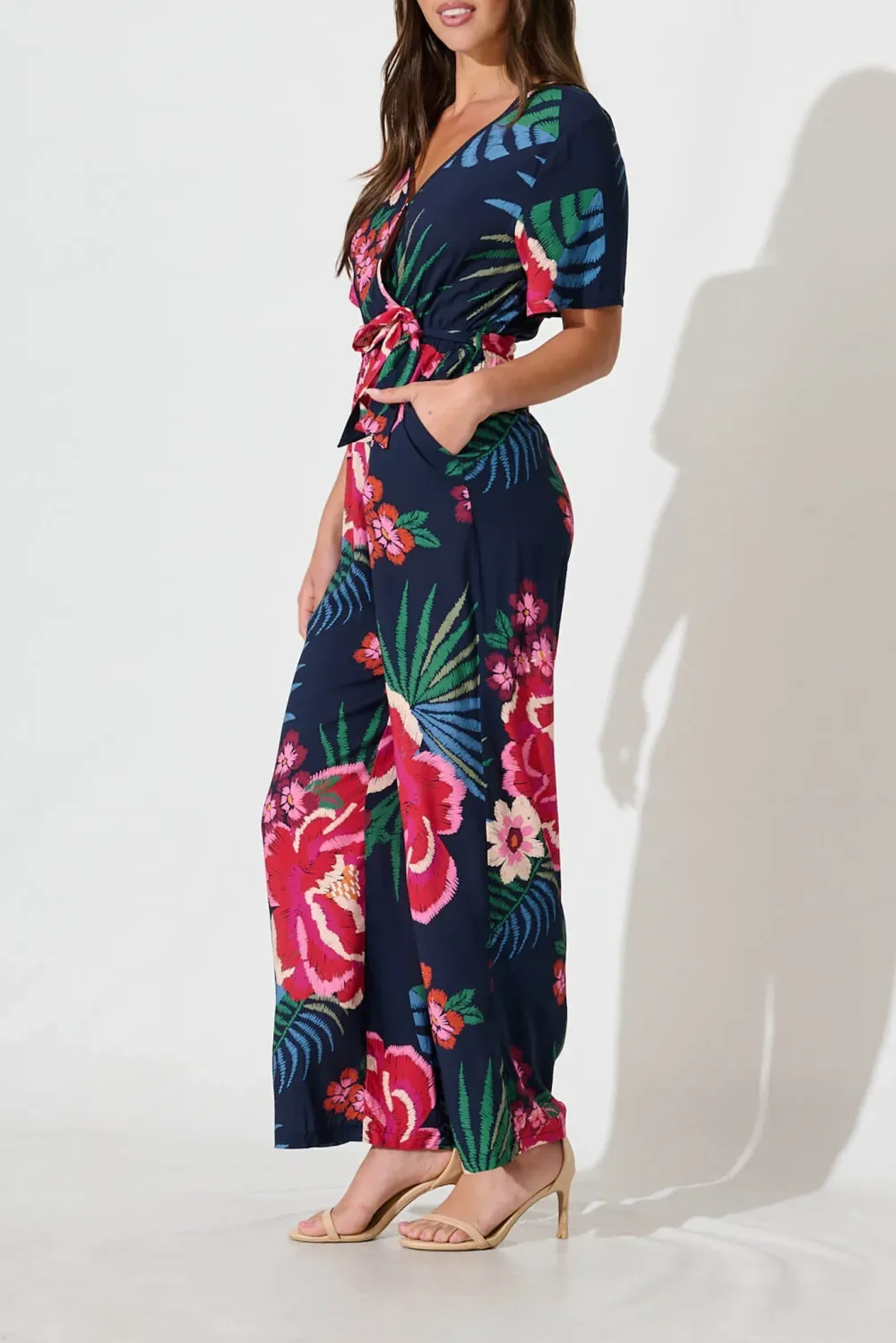 Navy Blue Floral Print Wrap Style Jumpsuit