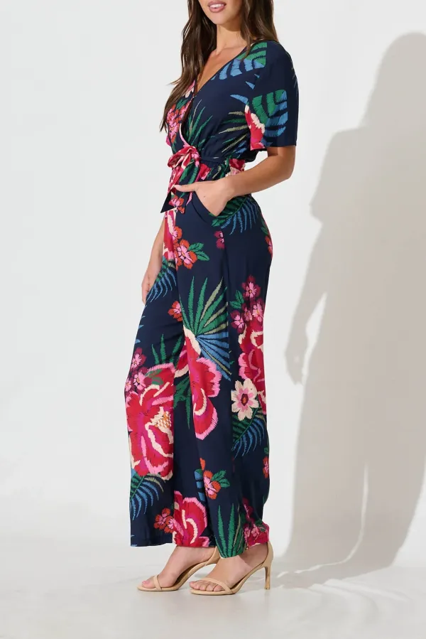Navy Blue Floral Print Wrap Style Jumpsuit