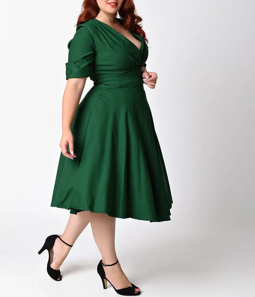 Unique Vintage Plus Size Emerald Green Delores Swing Dress With Sleeves