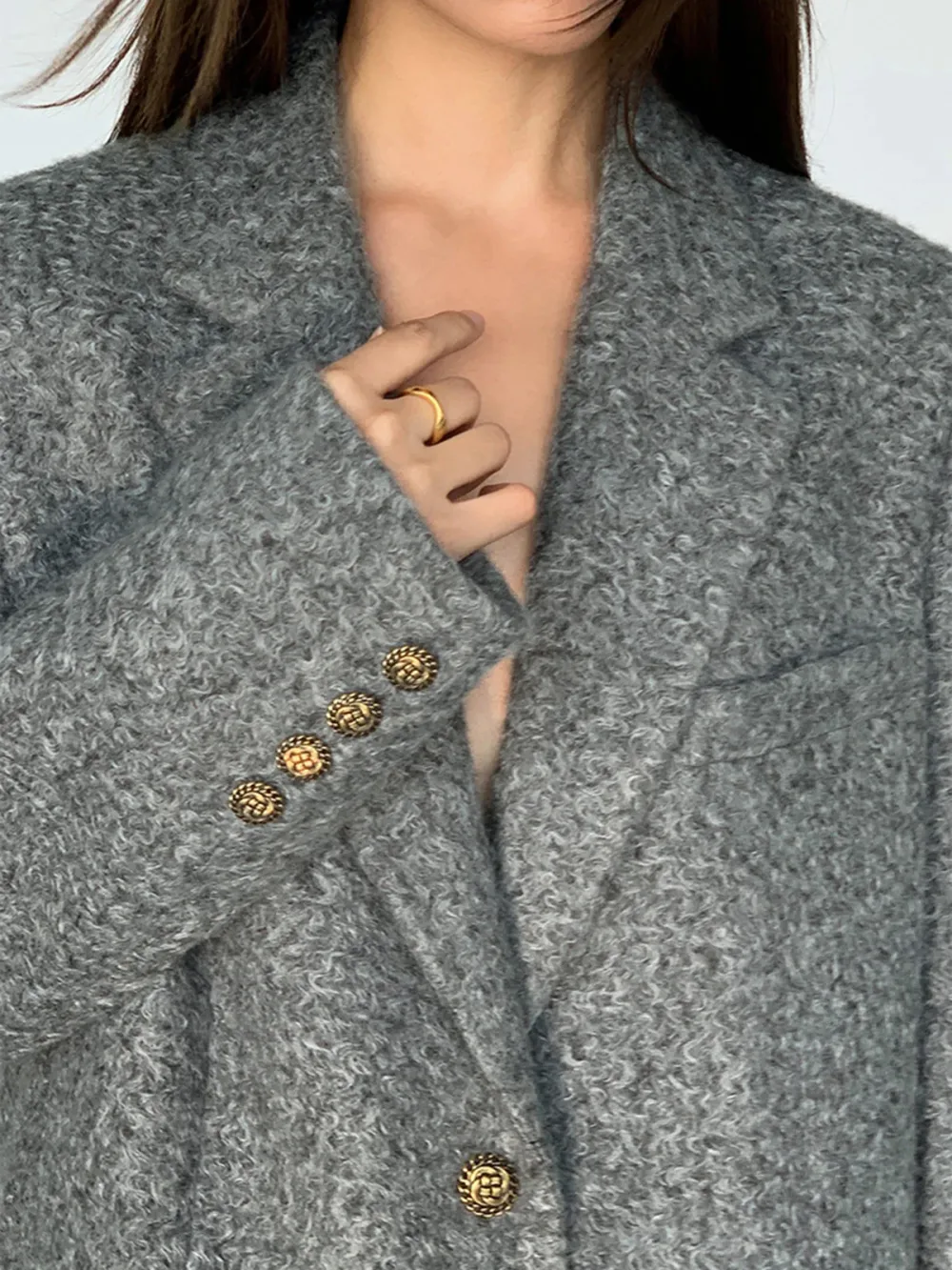 Tweed Metal Button Lapel Long Sleeve Blazer