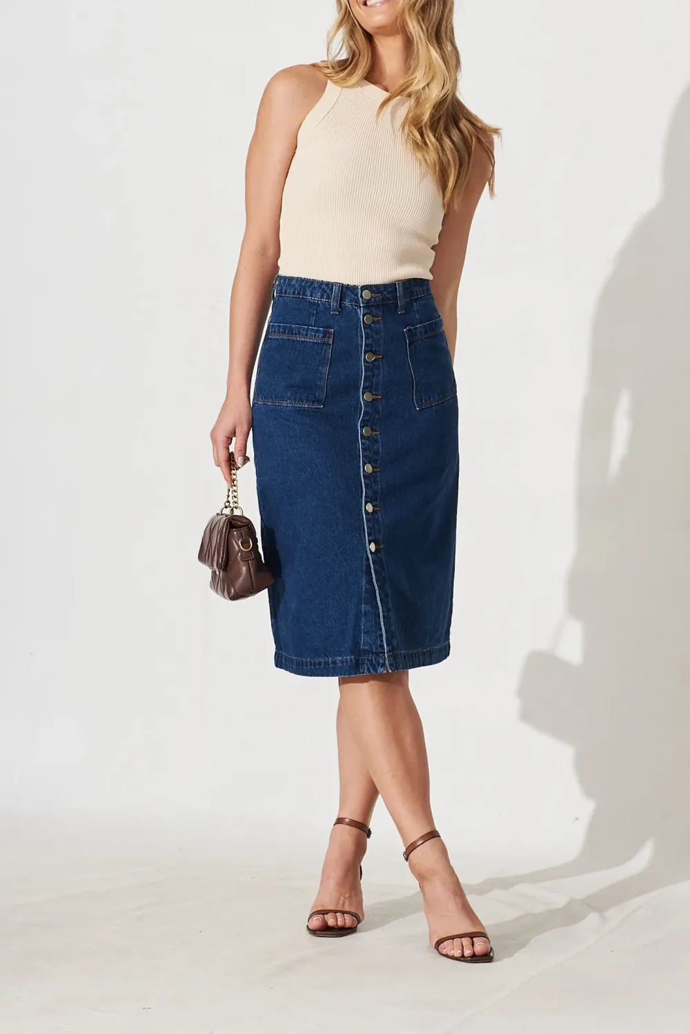 Blue Denim Button Front Midi Skirt
