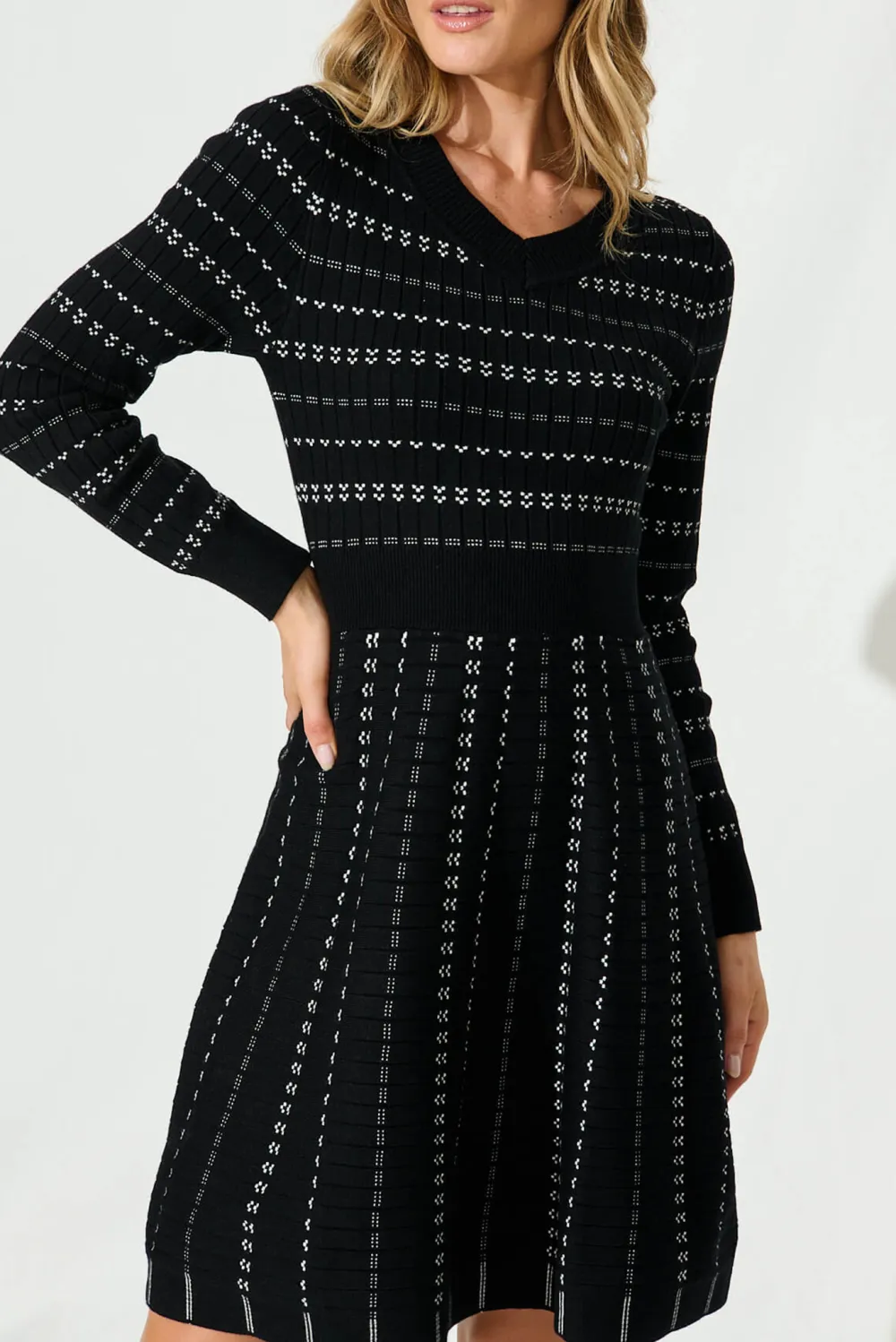 Black Patterned Long Sleeve Knit Dress