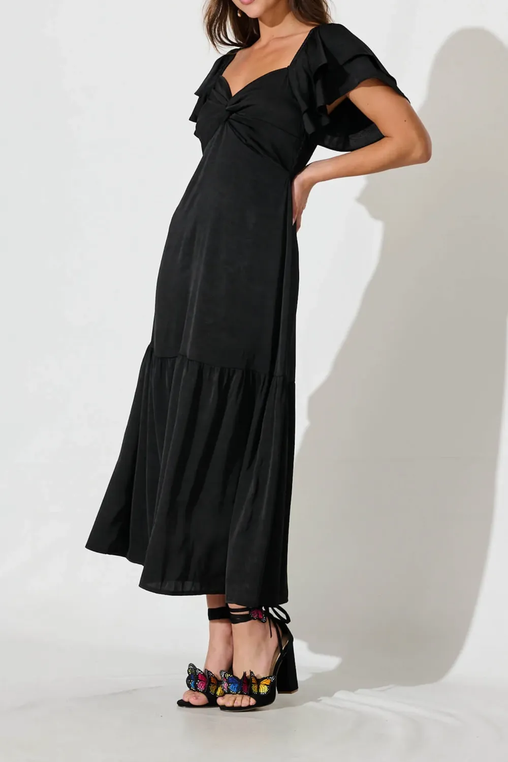 Black Ruffled Sleeve Tiered Maxi Dress