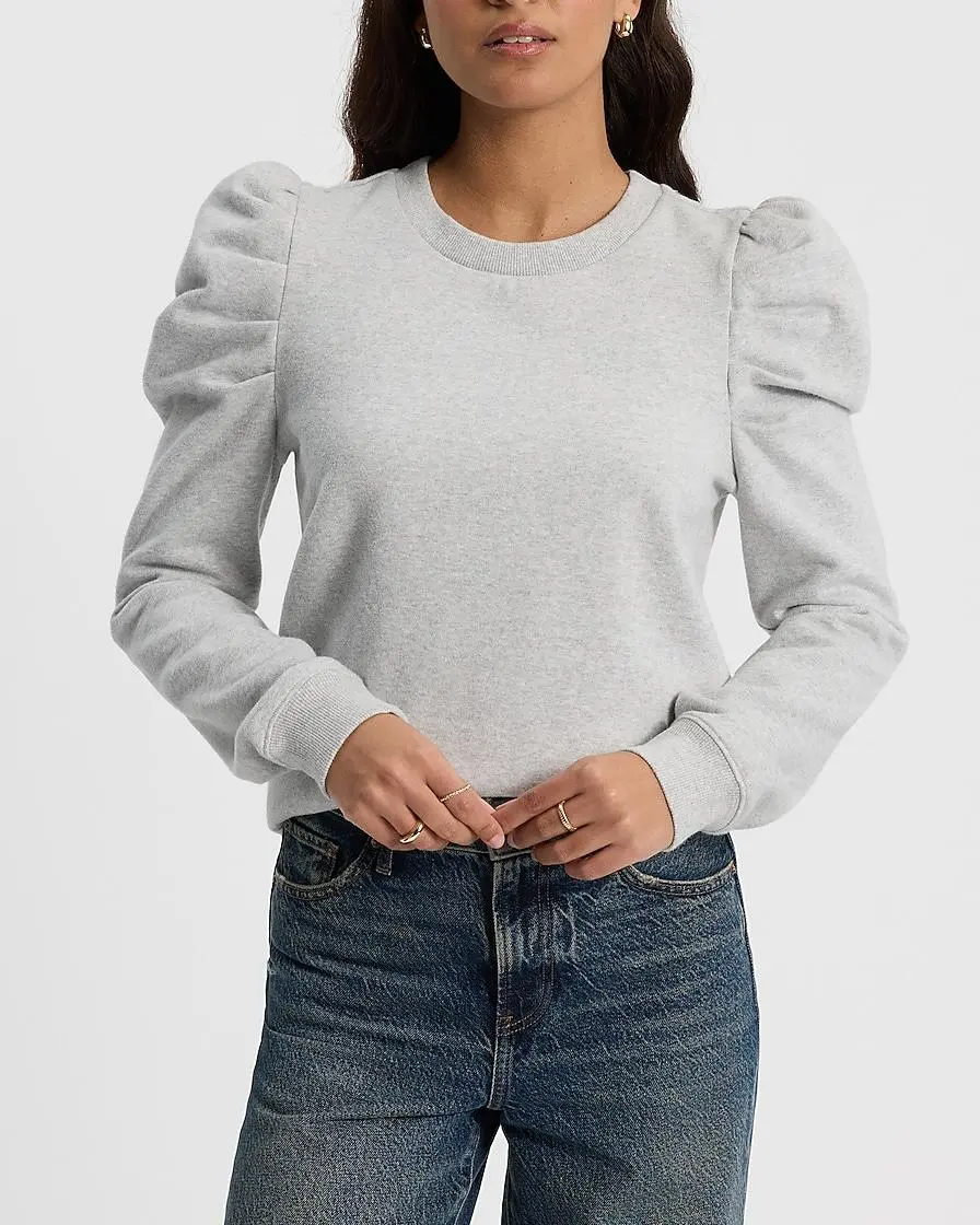 Crew Neck Puff Sleeve Banded Bottom Sweatshirt