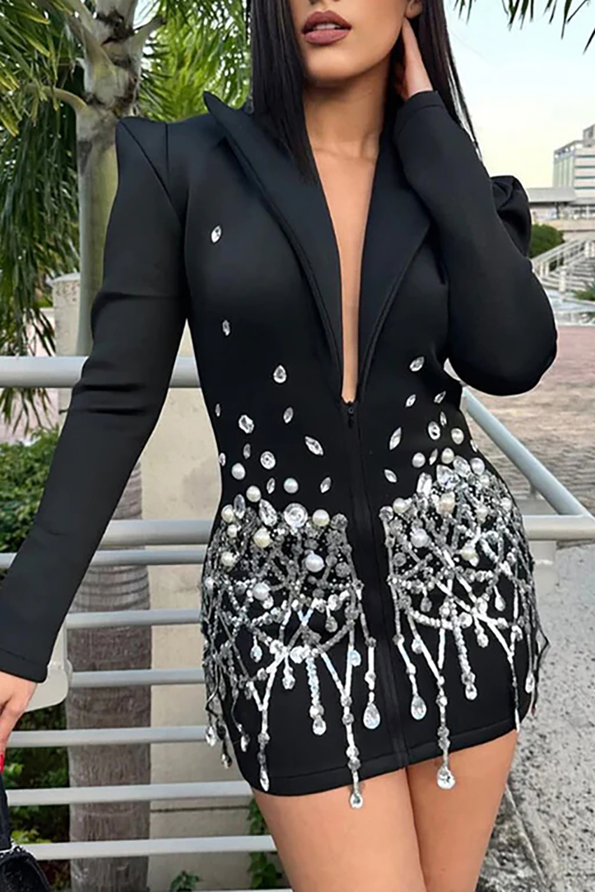 Sparkly Crystal Sequin Fringe Peak Lapel Zip Up Cinched Waist Party Blazer