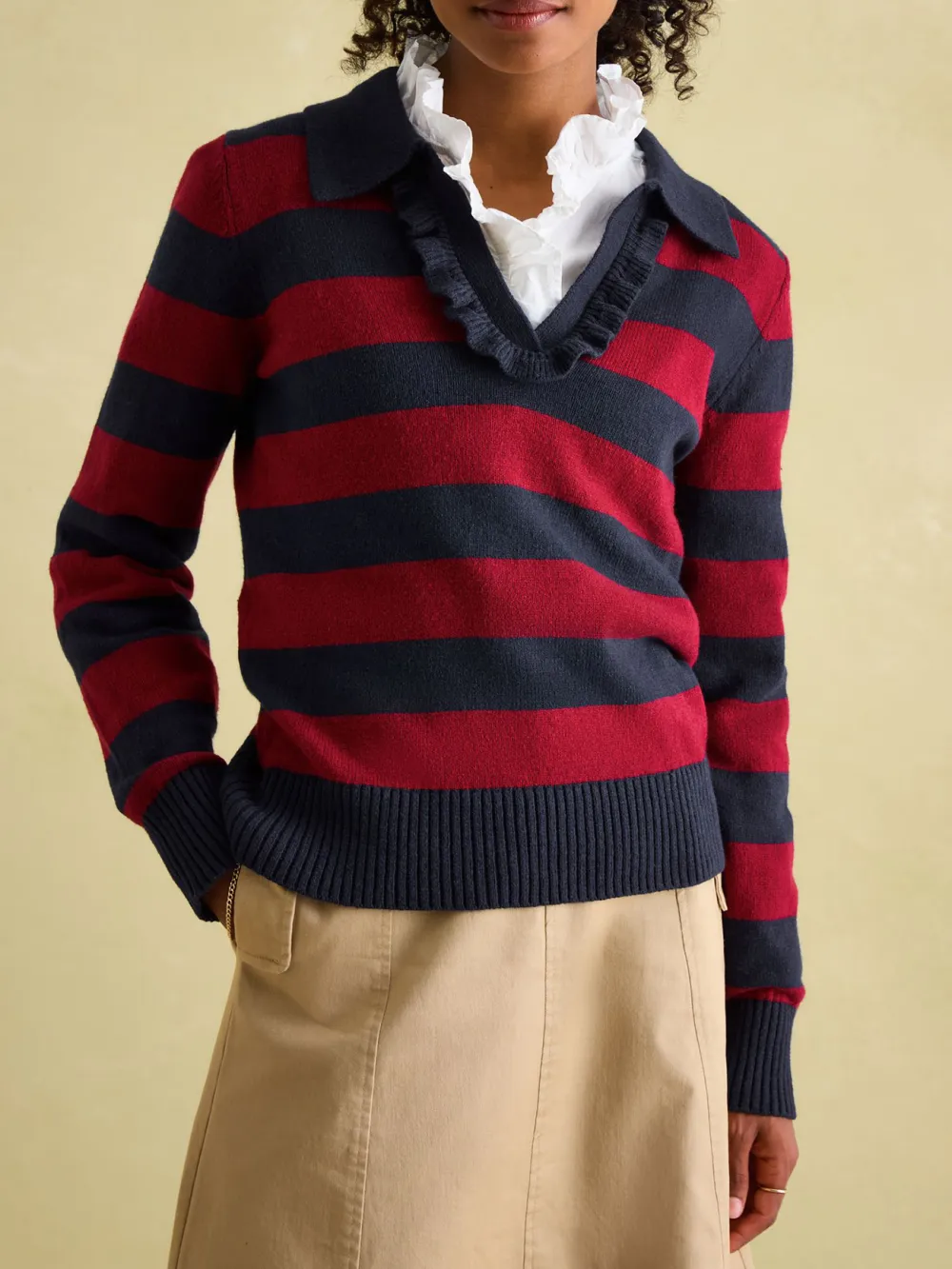 Maddie Red/Navy V Neck Stripe Jumper with Collar