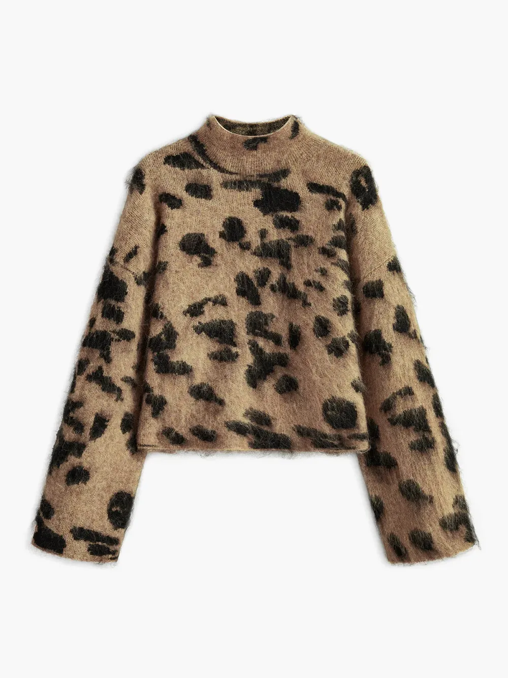 Fuzzy Leopard Drop Shoulder High Neck Sweater