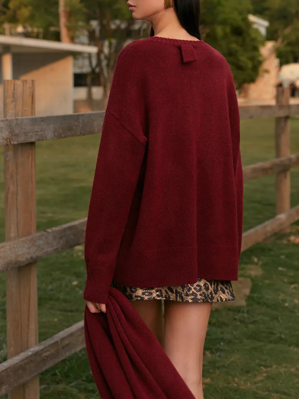 Plain Round Neck Sweater With Scarf